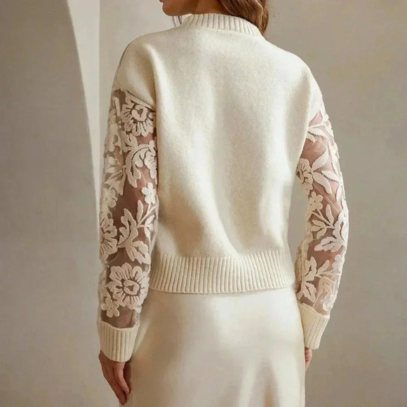 White Casual Women's Sexy Flower Jacquard Sheer Mesh Panel Sweater - Picture 2 of 7